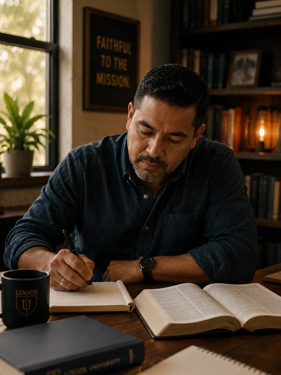 Logos University mentor studying at desk with open Bible